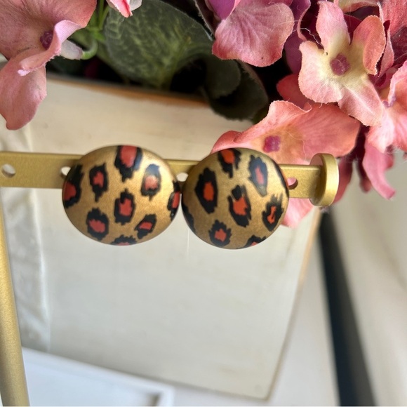 Vintage 1990s Button Stud Earrings Leopard Print Round Bronze Tan Black Design - Picture 5 of 10